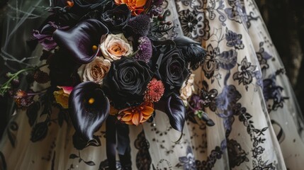 Bride in an intricate lace gown holding a bouquet of black and orange flowers, perfect for halloween-themed wedding and fashion editorial use.