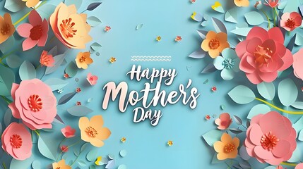 Fototapeta na wymiar A modern illustration of a happy mother's day, with paper flowers and letteron. The illustration can be used in the newsletter, brochures, postcards, tickets, advertisements, banners ai generated 