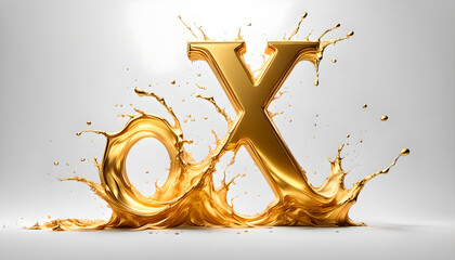 goldener Buchstabe X umsp&uuml;lt von einer dynamisch bewegten Welle aus fl&uuml;ssigem Gold edel und leuchtend als Hintergrund und Vorlage f&uuml;r Gestaltung  Symbol Logo 3D Metall