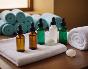Obraz na płótnie Canvas Spa Therapy Set-Up with Oils, Towels, and Soap on Wooden Background