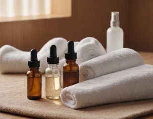 Obraz na płótnie Canvas Spa Concept with Essential Oils and Towels on Wooden Surface