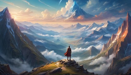 A solitary person in a red cloak stands on a rocky peak, gazing at a stunning landscape of sharp mountains under a sky streaked by meteors.. AI Generation