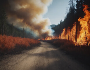 Dramatic Wildfire with Dense Smoke on a Forest Road