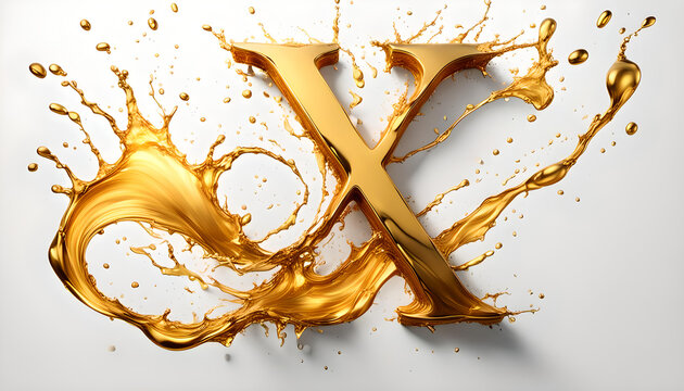 goldener Buchstabe X umsp&uuml;lt von einer dynamisch bewegten Welle aus fl&uuml;ssigem Gold edel und leuchtend als Hintergrund und Vorlage f&uuml;r Gestaltung  Symbol Logo 3D Metall