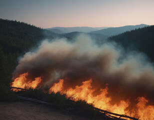 Dusk View of Wildfire and Smoke in Mountainous Forest