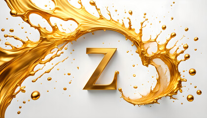 goldener Buchstabe Z umspült von einer dynamisch bewegten Welle aus flüssigem Gold edel und leuchtend als Hintergrund und Vorlage für Gestaltung  Symbol Logo 3D Metall - obrazy, fototapety, plakaty