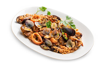 Vassoio di risotto con frutti di mare, cucina mediterranea  - 781897362