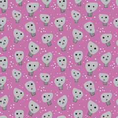 Funky doodle gray skulls and organic white dots on magenta pink backdrop seamless pattern. Colorful kids surface art for printing on various materials or use in graphic design.