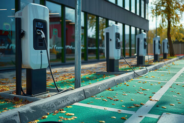 Autumn Leaves and Electric Charging Stations: A Sustainable Contrast in Seasonal Transition - obrazy, fototapety, plakaty
