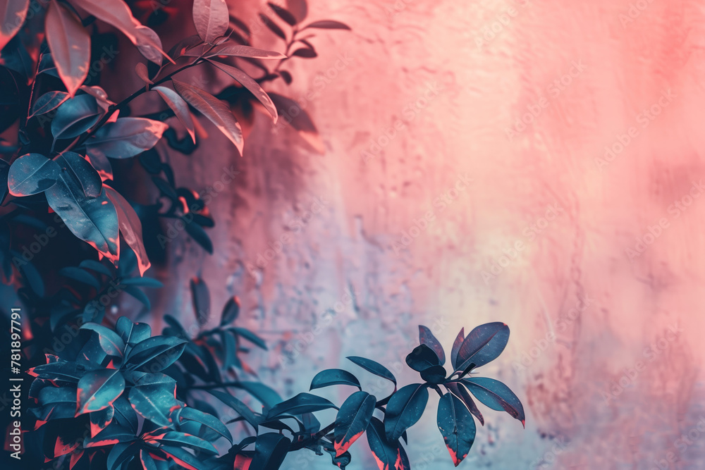 Poster slide background with leaves framing on a painted wall. background image. created with generative ai