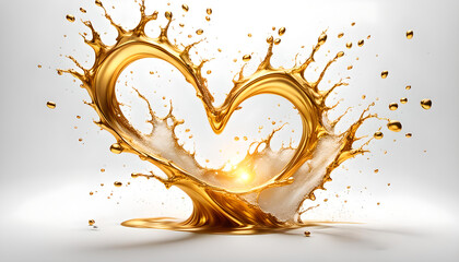 goldenes Herz aus dynamischen Spritzern und  Tropfen flüssigen Goldes, herzlicher Hintergrund Vorlage Symbol der Liebe Valentin Muttertag Dankeschön Verliebt Hochzeit Freundschaft 