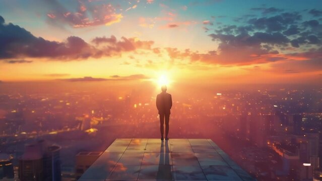 A person standing on a rooftop looking out at the sprawling city lights and the first rays of sunlight breaking through the horizon.