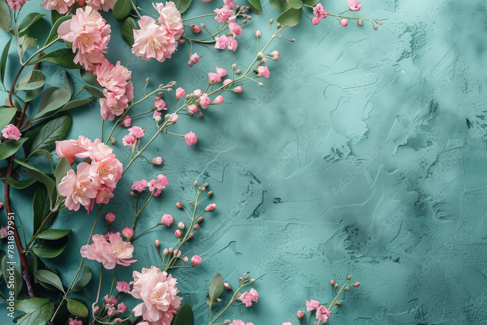 Poster slide background with colorful leaves and flowers framing on a painted wall. background image. creat
