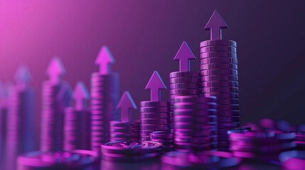 3D rendered coins and ascending violet arrows, depicting online shopping refunds