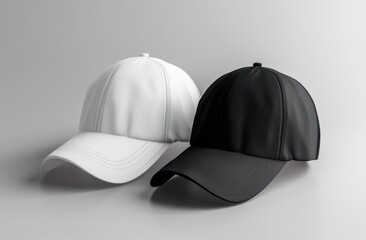 A professional mockup featuring black and white baseball caps