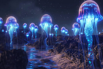Bioluminescent jellyfish on Mars, a 3D view of interplanetary lighting solutions - obrazy, fototapety, plakaty