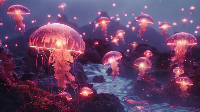 3Drendered Mars tank with glowing jellyfish, imagining extraterrestrial light sources