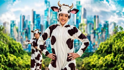 Portrait of Person in Cow Costume Poster