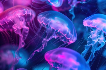 Abstract neon jellyfish background, glowing light blue and purple jelly fish in the dark ocean water. Underwater marine life concept. - obrazy, fototapety, plakaty