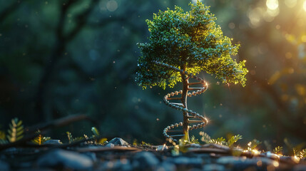 DNA helix transforming into a tree in a 3D illustration, depicting lifes progression - obrazy, fototapety, plakaty