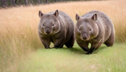 A-Pair-Of-Wombats-Exploring-A-Field-Of-Tall-Grass-