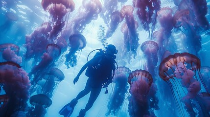 Scuba diver woman in the midst of a jellyfish bloom, underwater scene capturing the delicate dance of sea life - obrazy, fototapety, plakaty