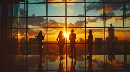 Silhouette of a dynamic business team, office interiors and city skyline bathed in evening light