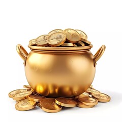 Coins in gold pot on white background. Generative ai design concept.