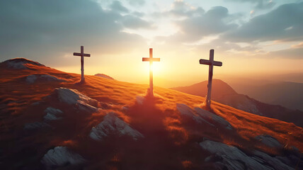 Crosses up on a hill at sunset. Generative ai design concept. - obrazy, fototapety, plakaty