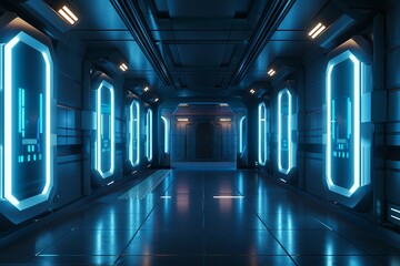 Sleek, dark scifi laboratory interior, with futuristic wall lights and deep shadows