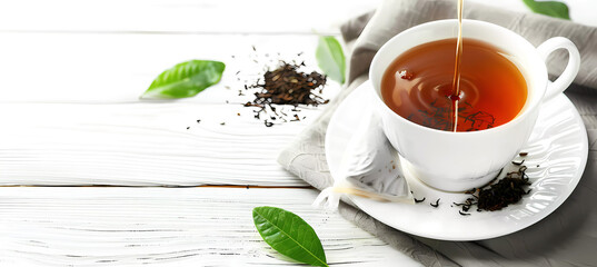 Obraz na płótnie Canvas Cup of tea with a tea bag on wooden table. Generative ai design concept art.