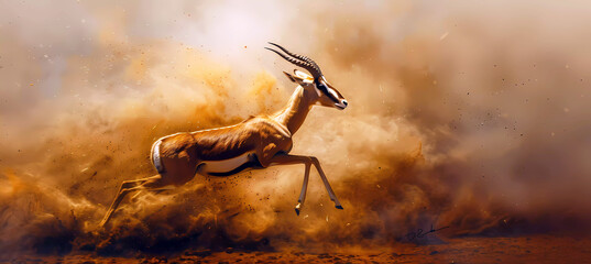 Gazelle running in savanna at sunset. Generative ai design concept. - obrazy, fototapety, plakaty