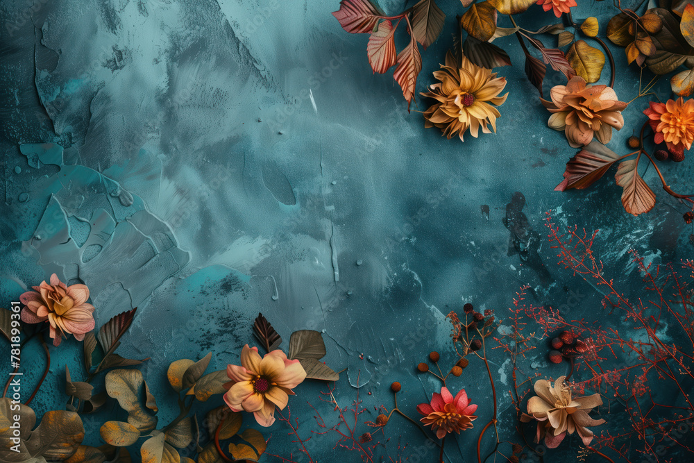Poster slide background with colorful leaves and flowers framing on a painted wall. background image. creat