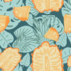 Dark background flat design seamless pattern with pineapples