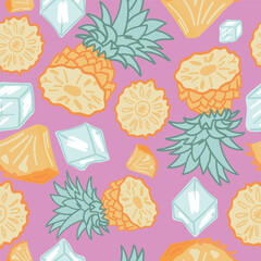 Pineapple flat design on pink background seamless patten with ice cubes