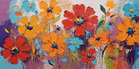 Oil painting on canvas. Bright colorful flowers on canvas. Abstract background.