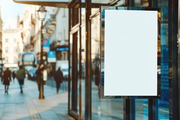 A professional mockup featuring a blank white poster attached to the glass of a modern bus stop in the city center, perfect for showcasing advertisements
