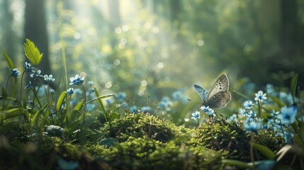 tranquil woodland glade with a delicate butterfly alighting on a patch of forget-me-nots, as sunlight filters through the canopy above, illuminating the lush moss-covered ground 