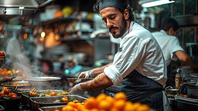 Man Cooking Food in Large Kitchen. Generative AI