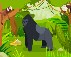 Fototapeta premium Hand drawn flat jungle composition background with a gorilla