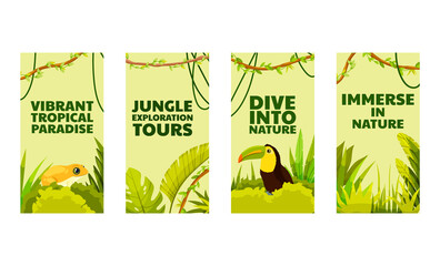 Hand drawn flat jungle vertical cards set collection with animals - 781899996