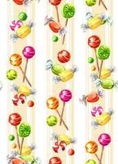 Sweet Candies and strips. Hand drawn watercolor seamless pattern isolated on white background - 781900301