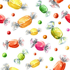 Sweet Candies, Hand drawn watercolor seamless pattern isolated on white background
