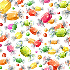 Sweet Candies, Hand drawn watercolor seamless pattern, isolated on white background - 781900384