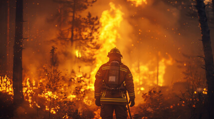 Firefighter on the background of the fire view from the back