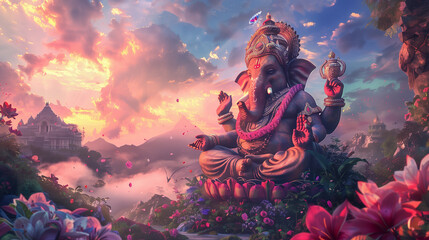 Portrait of Hindu Lord Ganesha goddess statue with fantasy landscape. Ganesha statue sitting on leaves and pink flowers. Fantastic sky fluffy clouds and a magical Ganesha.