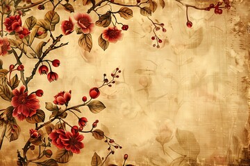 Vintage wallpaper, flowers and branches, red and beige colors, Chinese style, handpainted texture