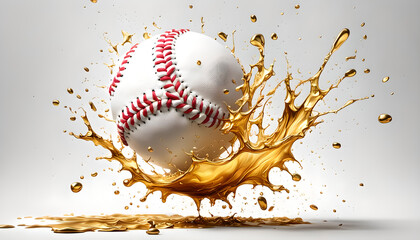 amerikanischer Baseball fliegt umspült von flüssigem Gold Meisterschaft Liga Gewinnen erfolgreich, Hintergrund Vorlage für Werbung, Spiel, Saison, Wetten, Symbol, Logo, dynamische Aktion  - obrazy, fototapety, plakaty