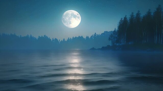 The silver moon hanging low in the sky reflecting its gentle light on the calm waters of a lake surrounded by a blanket of trees. . .