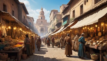 A vivid portrayal of daily life in a historic market, with merchants and shoppers engaged in the bustling trade of exotic goods under warm sunlight.. AI Generation - obrazy, fototapety, plakaty
